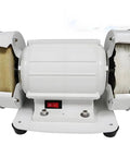 Heavy Duty Dual Wheel Bench Polisher With 120 Watt Copper Motor Cranking Out 3000 Rpm, front view with cloth and wool pads.