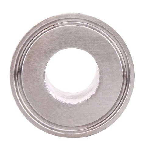 Front view of stainless steel sanitary tri-clamp flange with central bore