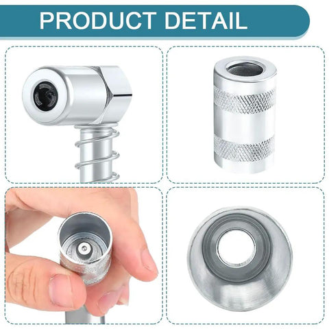 Product detail view of 90 Degree Grease Coupler Adapter for Grease Guns 3 Jaw Fitting Tool with Sleeve Locking Angled Coupler.