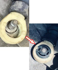 Close-up of worn vs. new 16mm and 22mm shift cable bushings for 5-speed manual transmissions, Chrysler PT Cruiser, Dodge Neon, 5037380AA.