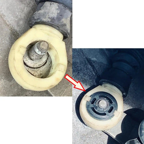 Close-up of worn vs. new 16mm and 22mm shift cable bushings for 5-speed manual transmissions, Chrysler PT Cruiser, Dodge Neon, 5037380AA.