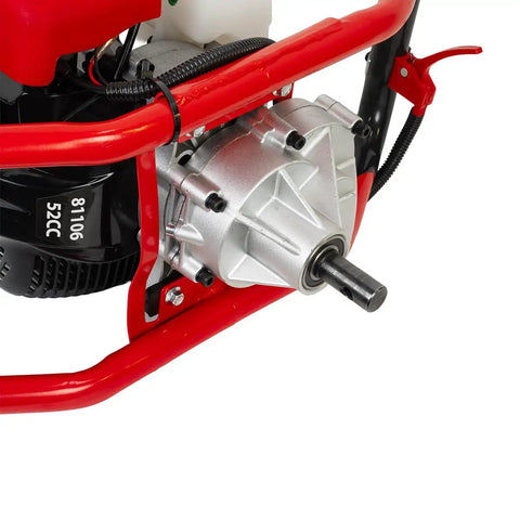 Close-up of the 52cc engine and gearbox of Gas Powered Earth Auger With 6 Inch Digger Bit For Post Holes And Tree Planting