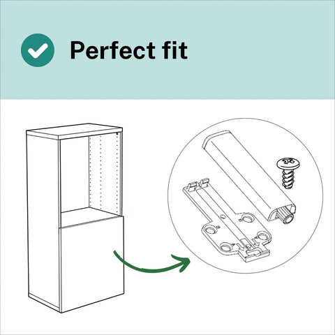 Slick 4 Pack Pressure Touch Door Opener Automatic Handle Free Open Close Cabinet Latch Smooth Self Closing Damper Kit No Sweat Hardware With Quick Snap Mounting Plates installation guide showing perfect fit on a cabinet.