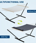 Double Hammock With Stand Heavy Duty 450Lbs Capacity Rugged Steel Frame Quilted Cushion And Storage Net For Backyard Chill Sessions Patio Camping Indoor Outdoor Use Dark Gray displayed with and without pad.