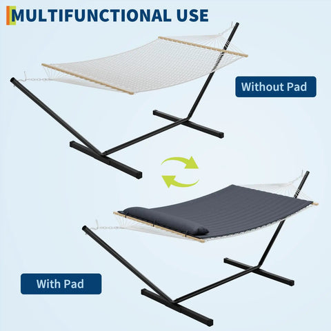 Double Hammock With Stand Heavy Duty 450Lbs Capacity Rugged Steel Frame Quilted Cushion And Storage Net For Backyard Chill Sessions Patio Camping Indoor Outdoor Use Dark Gray displayed with and without pad.