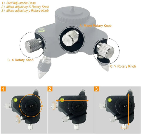 Rock Solid Laser Level Adapter Base Featuring Dead On 360 Micro Adjustment Slick Rotary Knobs And Built In Bubble Works With 1 4 And 5 8 Inch Mounts heavy duty knobs and adjustable base in use.
