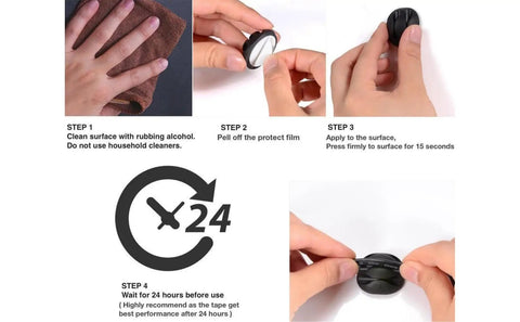 4-step installation guide for 24 pack self adhesive cable clips for desk and home office car keep cables neat and tidy