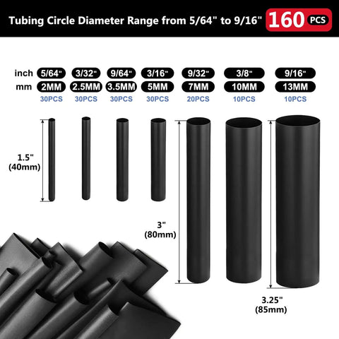 Handy 160 Piece Heat Shrink Tubing Kit With Seven Sizes From Five Sixty Fourths To Nine Sixteenths Inch Two To One Shrink Ratio