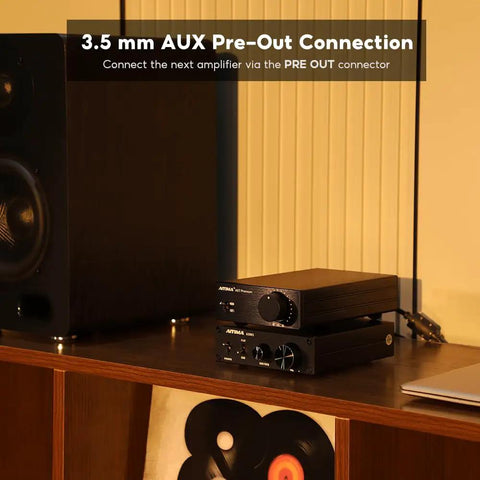 TPA3255 Class D Stereo Amplifier 300W Per Channel X2 with NE5532 Pre-Out shown on shelf with speakers
