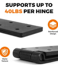 Tough As Nails Steel Gate Hinges For Outdoor Wood Fences With Dead Simple Mount Bracket And Hella Smooth Black Finish 270 Degree Swing showing matte textured hinge design.