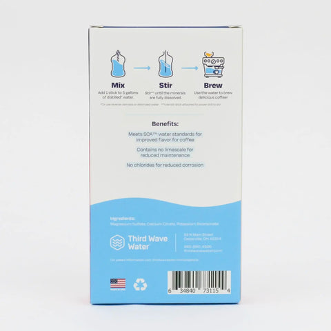 Back view of Espresso Machine Water Profile Sticks, Five Gallon Pack box with mixing instructions and benefits list visible.