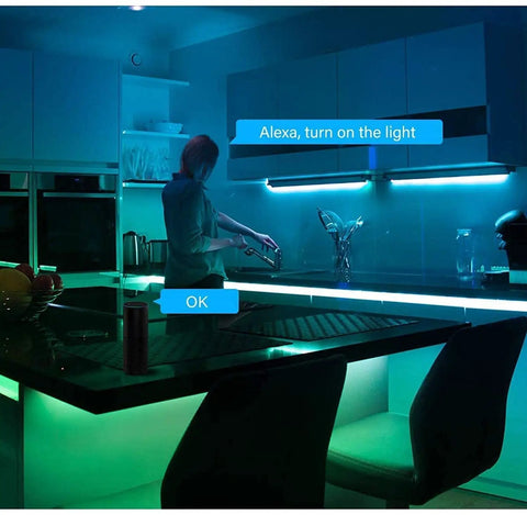 WiFi LED Light Strip Kit 65.6ft Waterproof IP65 All In One Set With 5050 LEDs illuminating kitchen with smartphone control.