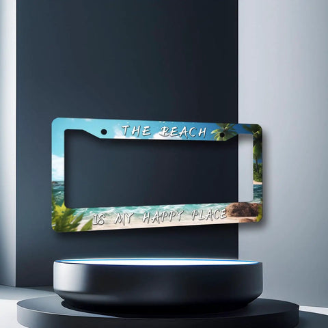 Beach Vibes License Plate Frame With Palm Tree Hawaii Theme, Stainless Steel Car Accessory displayed on modern platform