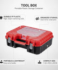 Grab-And-Go Portable Plastic Tool Box With Handle For Hardware Storage, Red And Black, Fits Standard Workshop Shelves, Compact 11.8 X 10.2 X 3.9 Inches