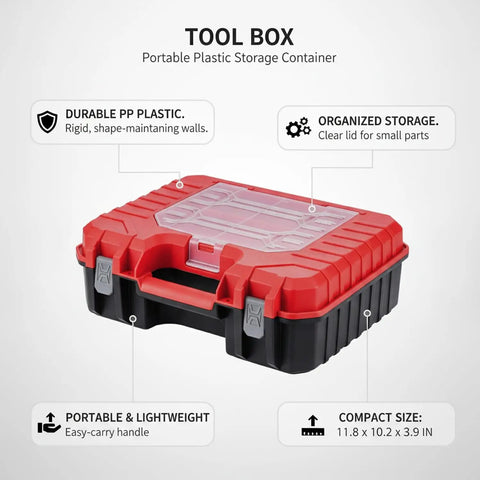 Grab-And-Go Portable Plastic Tool Box With Handle For Hardware Storage, Red And Black, Fits Standard Workshop Shelves, Compact 11.8 X 10.2 X 3.9 Inches