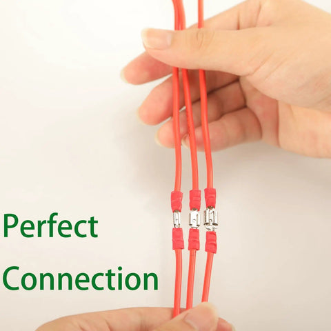 Hands holding connected red wires using 330 Piece Crimp Connector Kit With 2.8mm 4.8mm 6.3mm Spade Terminals Male And Female 15 Types