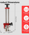 Sheet metal roller 1-station metal bender, front view with red clamp and dual silver guide rods
