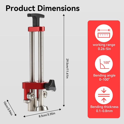Sheet metal roller 1-station metal bender, front view with red clamp and dual silver guide rods