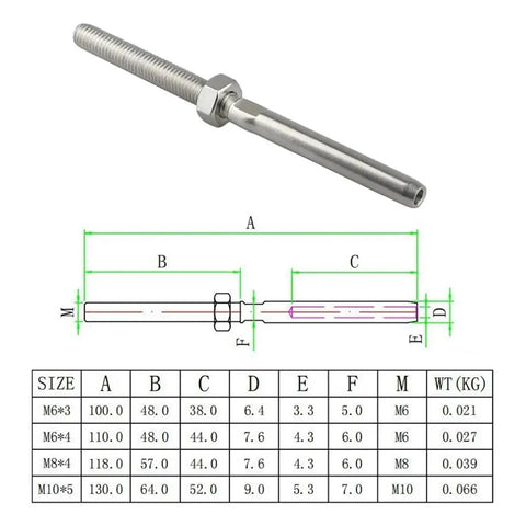 Premium Two Pack Marine Grade Stainless Steel Threaded Swage Stud Terminals Badass Heavy Duty Wire Rope Rigging Fittings Rock Solid Corrosion Resistant Yacht Deck And Kayak Hardware M8X4 Size with dimensions and details.
