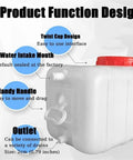 Food Grade Water Storage Tank 340L Plastic Storage Barrel with twist cap, water intake mouth, handle, and outlet detail view