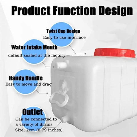 Food Grade Water Storage Tank 340L Plastic Storage Barrel with twist cap, water intake mouth, handle, and outlet detail view