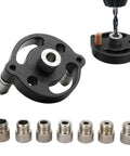 Dead Straight Self Centering Doweling Jig Badass Accuracy Handheld Drill Guide with drill bit and metal adapters in bold black finish.