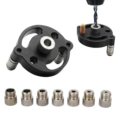 Dead Straight Self Centering Doweling Jig Badass Accuracy Handheld Drill Guide with drill bit and metal adapters in bold black finish.
