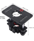 Heavy Duty Aluminum Router Lift Table For Woodworking Benches Portable Benchtop Trimmer Riser, dimensions shown and locking mechanism details.