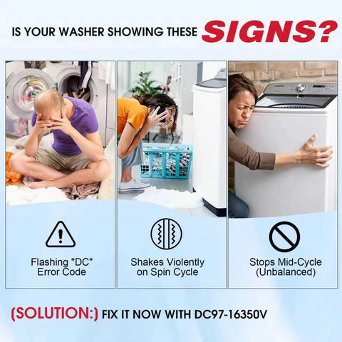 Washer showing signs of DC error, spin cycle shaking, mid-cycle stops; solution with Upgraded DC97-16350V Suspension Rods Kit.
