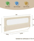 Illustration of Foldable Toddler Bed Rail Guard With Reinforced Anchor Safety System For King Twin Full And Queen Beds Khaki 59 Inches Long By 21.6 Inches High With Kid Friendly Soft Peach Skin Fabric And Removable Washable Cover showing dimensions and features symbols like non-toxic, easy to clean, and built to last.