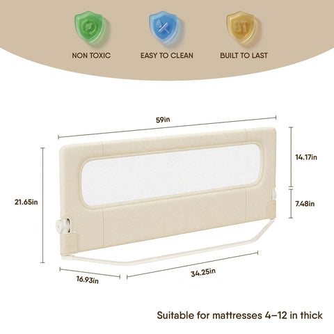 Illustration of Foldable Toddler Bed Rail Guard With Reinforced Anchor Safety System For King Twin Full And Queen Beds Khaki 59 Inches Long By 21.6 Inches High With Kid Friendly Soft Peach Skin Fabric And Removable Washable Cover showing dimensions and features symbols like non-toxic, easy to clean, and built to last.