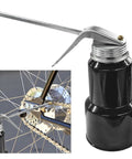 LHDOS 8oz pump oil can with 6-inch metal straight spout and handle; black bottle, inset shows bicycle chain lubrication.