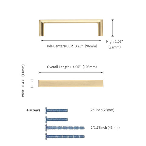 Specifications of 10 Pack Brushed Gold Cabinet Handles, 4.06 inch length with 3.75 inch hole spacing, includes screws.