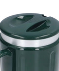 Green dual mode electric mug warmer and cooler with aluminum rim top view for daily grind USB powered.