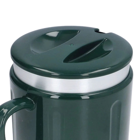 Green dual mode electric mug warmer and cooler with aluminum rim top view for daily grind USB powered.
