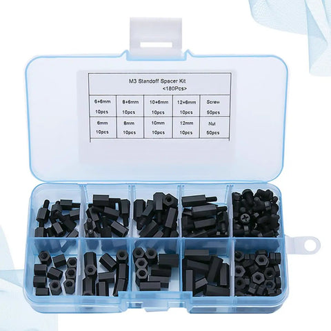 180 Piece Nylon Thread Spacers Kit For PC Boards And DIY Electronics, Hex Standoff Spacers, Durable Anticorrosive Nylon, Portable Plastic Box, Great For Prototyping And Computer Builds, open box with assorted black M3 standoffs