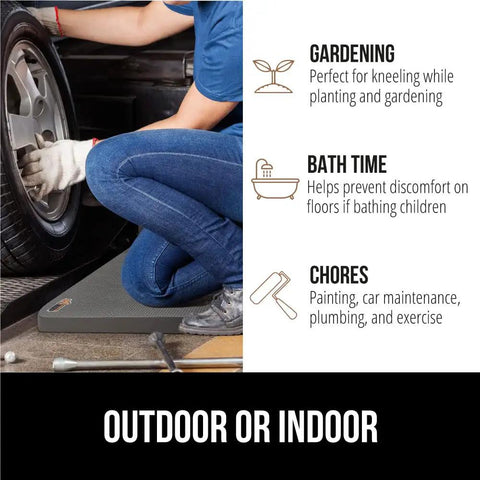 Person kneeling on Ultra Thick Foam Kneeling Pad With High Density Cushion For Crazy Comfortable Knees Large 17.5x11 Knee Pad by a car tire