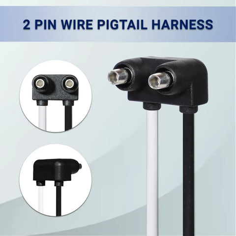 Close-up of 2 Prong Pigtail Wire Plug Pack For Truck Trailer RV Lighting with white and black wires.