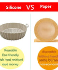 Comparison of a silicone and paper liner showing features like reusability and eco-friendliness for air fryers