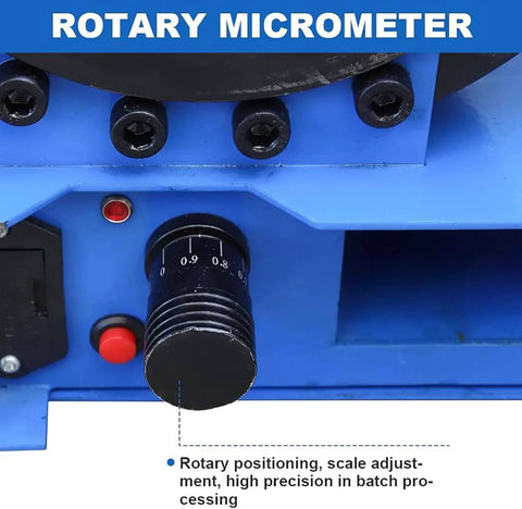 Close-up of rotary micrometer adjustment on Heavy Duty Professional Manual Hydraulic Hose Crimping Tool with Eight Precision Dies.