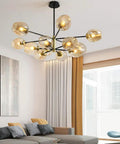 Mid Century Sputnik Chandelier Featuring Five Handblown Smoke Grey Glass Shades And Telescoping Chain Soft Golden Glow E27 Compatible in living room.