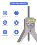 Pipe center finder tool with a 4-inch Y-head and adjustable dial bubble protractor; stainless steel.