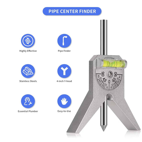 Pipe center finder tool with a 4-inch Y-head and adjustable dial bubble protractor; stainless steel.