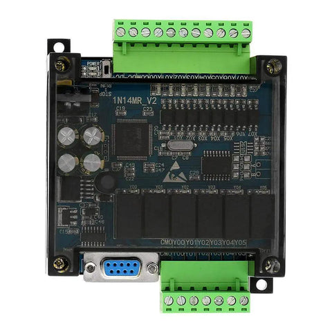Industrial PLC Controller 24V DC with 8 inputs, 6 outputs, fast 32-bit MCU, relay output, top view showing connectors and board.