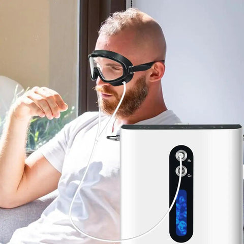 Man using Eye Mask Goggles for Hydrogen Gas Inhalation and Eye Fatigue Relief with hydrogen generator