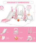 Tot Friendly Indoor Playground Set With Safe Plastic Slide Swing And Mini Basketball Hoop Adjustable Height For Toddlers Aged 1 To 3 Multi Activity Center In Pink with dimensions and features showcased.