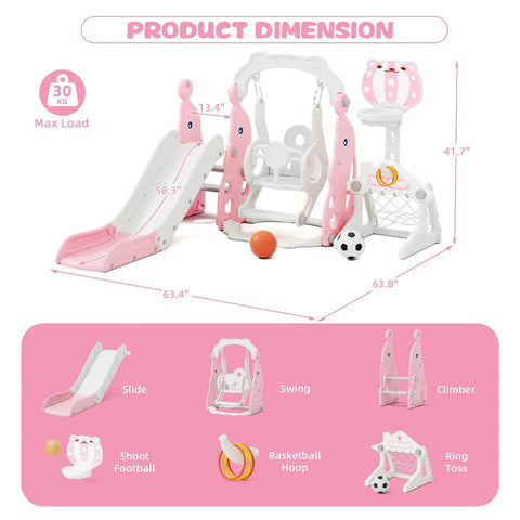 Tot Friendly Indoor Playground Set With Safe Plastic Slide Swing And Mini Basketball Hoop Adjustable Height For Toddlers Aged 1 To 3 Multi Activity Center In Pink with dimensions and features showcased.