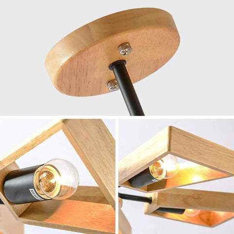 Detail of Slick Modern Metal Five Light Ceiling Pendant With E27 Socket Bulb Compatibility, showcasing wooden and metal elements.