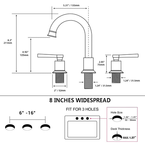 Diagram of Matte Black Two Handle Bathroom Faucet Built to Last No Fuss, 8 Inch Widespread Lavatory Vanity Faucet, Brass Construction, Includes Metal Overflow Drain, 360 Degree Swivel Spout for Easy Access showing dimensions and hole sizes.