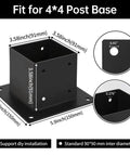 Diagram of 4x4 Post Base Brackets Set of 4 For Deck Fence Pergola Porch Posts, Inner Size 3.5x3.5 Inches, Heavy Duty Steel, Black Powder Coat.
